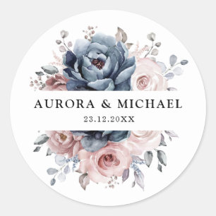 Dusty Blue Mauve Rose Pink Slate Floral Wedding Runder Aufkleber