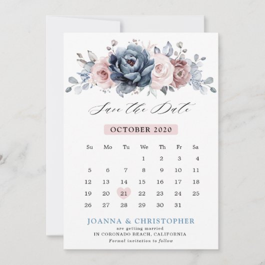 Dusty Blue Mauve Rose Pink Slate Floral Wedding Save The Date (Vorderseite)