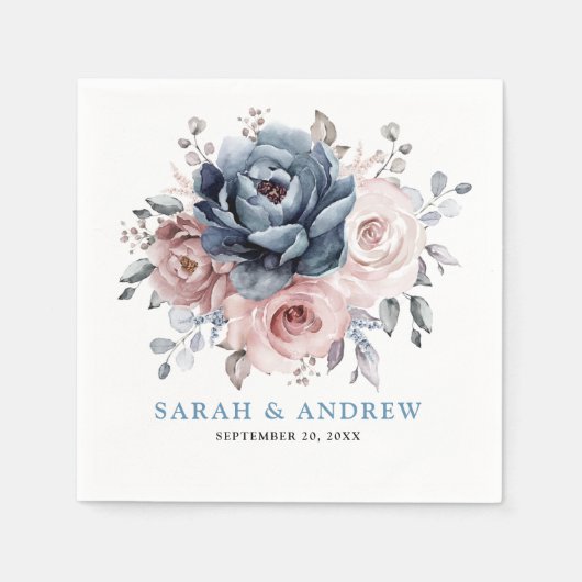 Dusty Blue Mauve Rose Pink Slate Floral Wedding Serviette (Vorderseite)