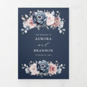 Dusty Blue Mauve Rose Pink Slate Floral Wedding T Dreifach Gefaltete Ankündigung (Cover)