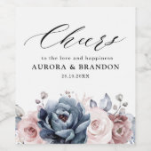 Dusty Blue Mauve Rose Pink Slate Floral Wedding Weinetikett (Einzelnes Label)