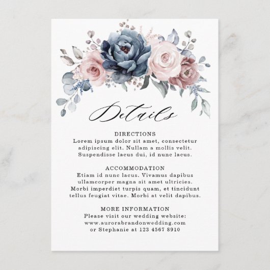 Dusty Blue Mauve Rose Pink Slate Wedding Details Begleitkarte (Vorderseite)