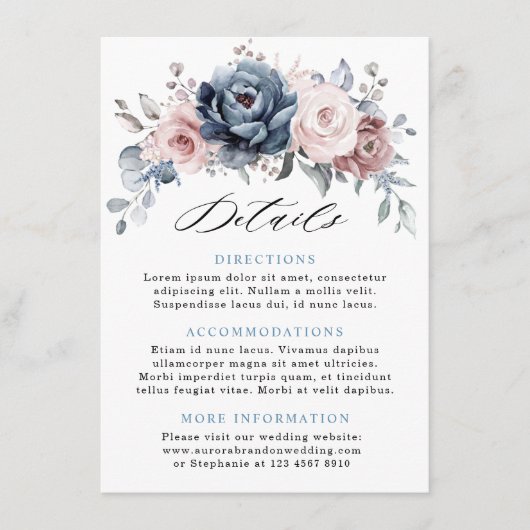 Dusty Blue Mauve Rose Pink Slate Wedding Details Begleitkarte (Vorderseite)