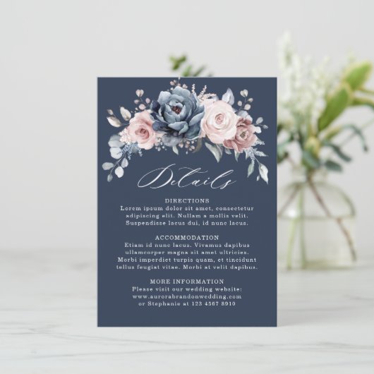 Dusty Blue Mauve Rose Pink Slate Wedding Details E Begleitkarte (Stehend Vorderseite)
