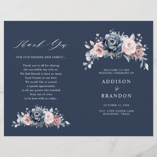 Dusty Blue Mauve Rose Pink Slate Wedding Programm (Vorderseite)