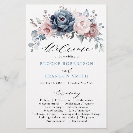 Dusty Blue Mauve Rose Pink Slate Wedding Programm (Vorderseite)