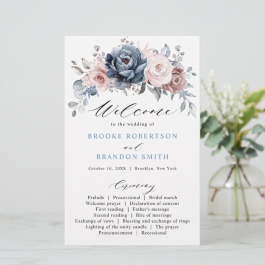 Dusty Blue Mauve Rose Pink Slate Wedding Programm (Stehend Vorderseite)