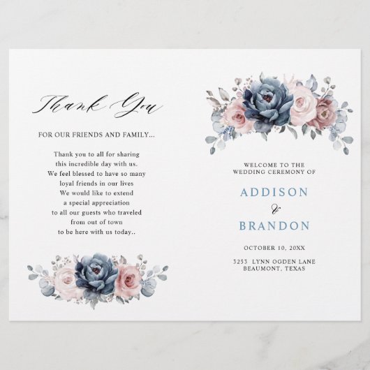 Dusty Blue Mauve Rose Pink Slate Wedding Programm (Vorderseite)
