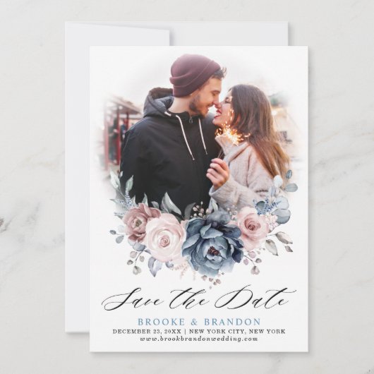 Dusty Blue Mauve Rose Rosa Floral Save the Date (Vorderseite)