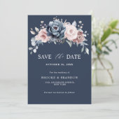 Dusty Blue Mauve Rose Rosa Floral Save the Date (Stehend Vorderseite)