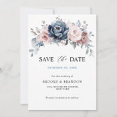 Dusty Blue Mauve Rose Rosa Floral Save the Date (Vorderseite)