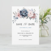 Dusty Blue Mauve Rose Rosa Floral Save the Date (Stehend Vorderseite)