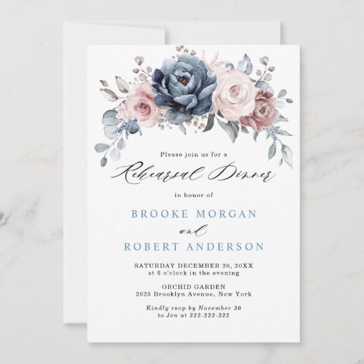 Dusty Blue Mauve Rose Rosa Schiefer Probe Abendess Einladung (Vorderseite)