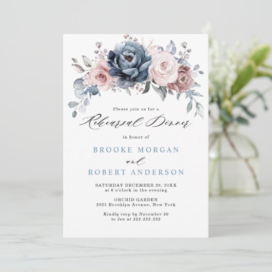 Dusty Blue Mauve Rose Rosa Schiefer Probe Abendess Einladung (Stehend Vorderseite)