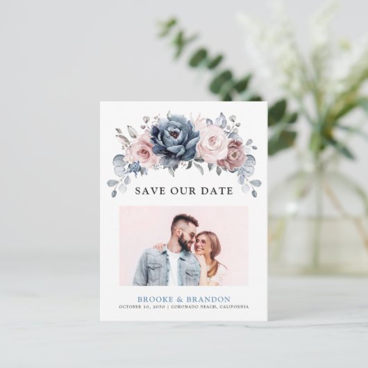 Dusty Blue Mauve Rose Rosa Schiefer Save the Date Postkarte (Stehend Vorderseite)