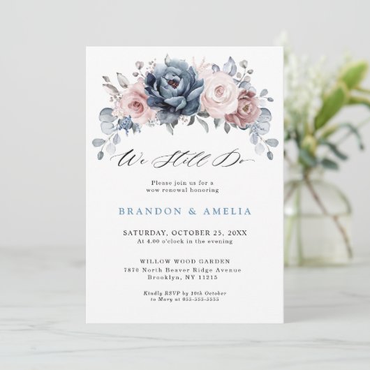 Dusty Blue Mauve Rose Rosa Schieferflora Wir tun e Einladung (Stehend Vorderseite)