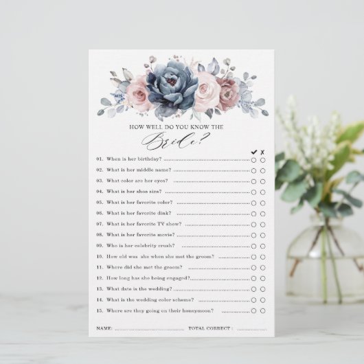 Dusty Blue Mauve Rose Slate Brautparty Game (Stehend Vorderseite)