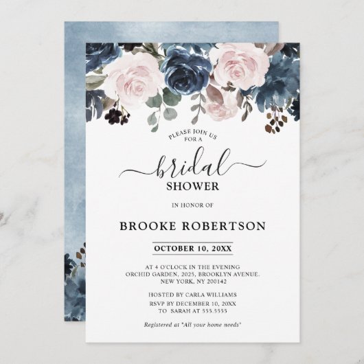 Dusty Blue Mauve Rose Slate Floral Brautparty Einladung (Vorne/Hinten)