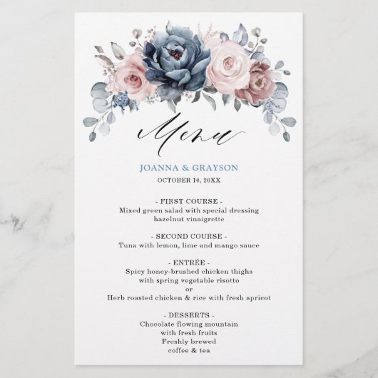 Dusty Blue Mauve Rose Slate Floral Wedding Menu (Vorderseite)