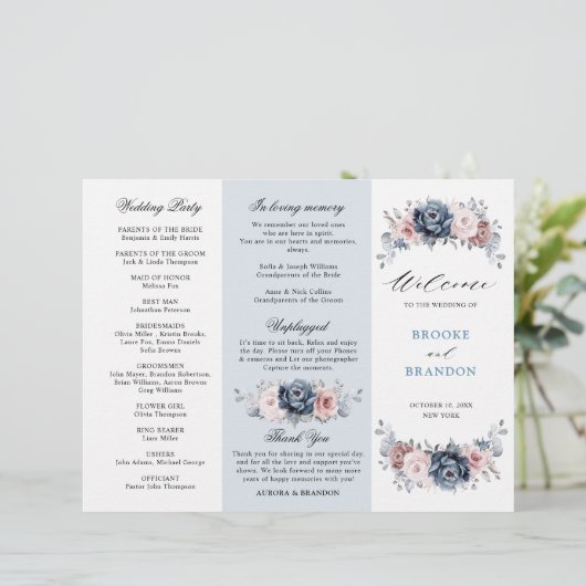 Dusty Blue Mauve Rose Wedding Tri-Fold Programm (Stehend Vorderseite)