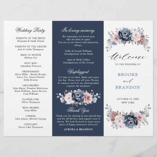 Dusty Blue Mauve Rose Wedding Tri-Fold Programm (Vorderseite)