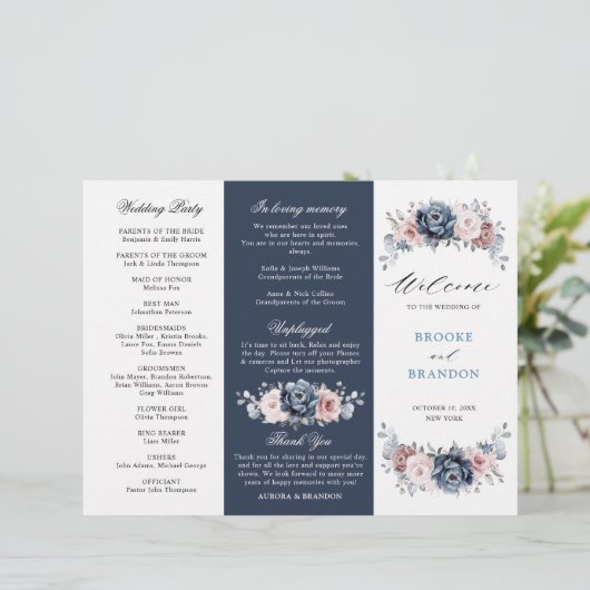 Dusty Blue Mauve Rose Wedding Tri-Fold Programm (Stehend Vorderseite)