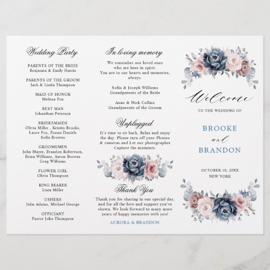 Dusty Blue Mauve Rose Wedding Tri-Fold Programm (Vorderseite)
