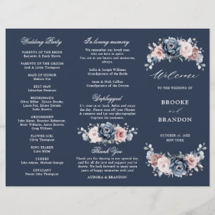 Dusty Blue Mauve Rose Wedding Tri-Fold Programm
