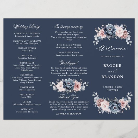 Dusty Blue Mauve Rose Wedding Tri-Fold Programm (Vorderseite)