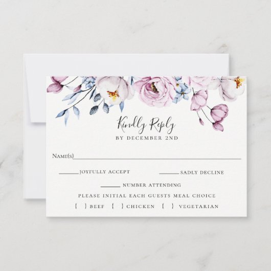 Dusty Blue Mauve Wedding RSVP Meal Choice Card (Vorderseite)