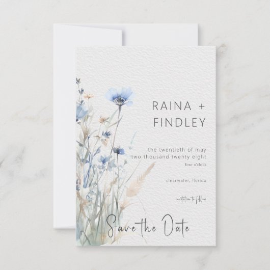 Dusty Blue Meadow Wildblumen Moderne Hochzeiten Save The Date (Vorderseite)