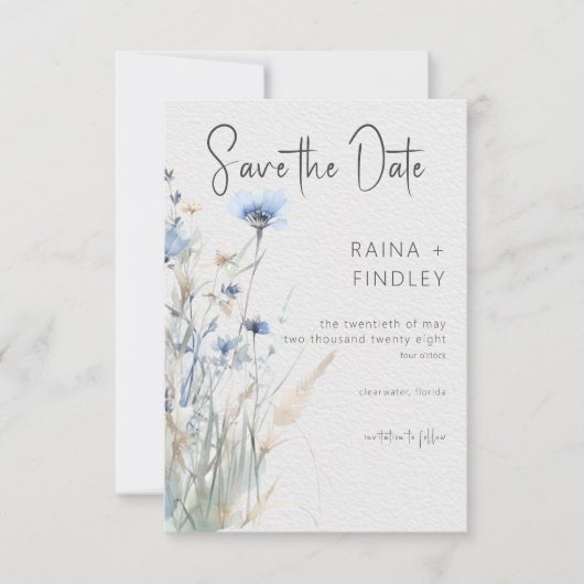 Dusty Blue Meadow Wildblumen Moderne Hochzeiten Save The Date (Vorderseite)