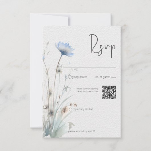 Dusty Blue Meadow Wildblumen Moderner QR-Code RSVP Karte (Vorderseite)