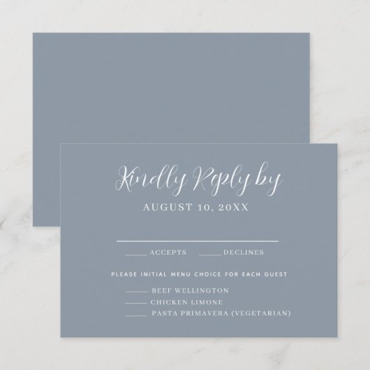 Dusty Blue Menu Choice Wedding RSVP Card Karte (Vorne/Hinten)