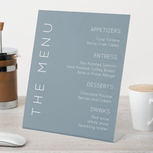 Dusty Blue Menu-Zeichen, Modern Menu-Zeichen Sockelschild (In Situ)