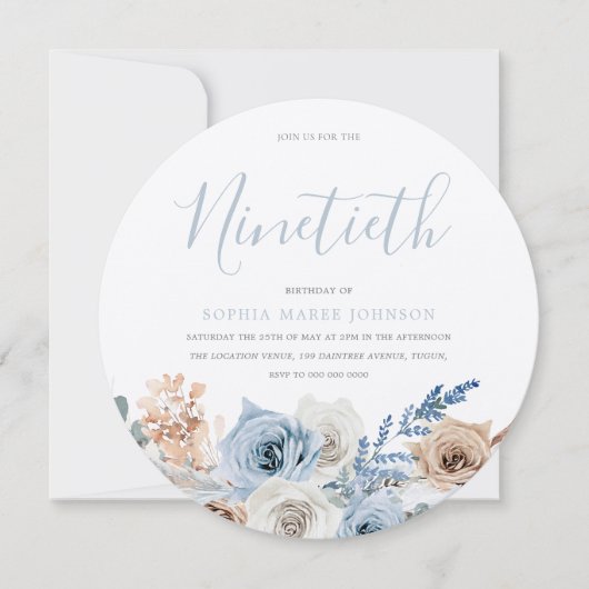 Dusty Blue Metallic Silver Boho 90. Geburtstag Einladung (Vorderseite)