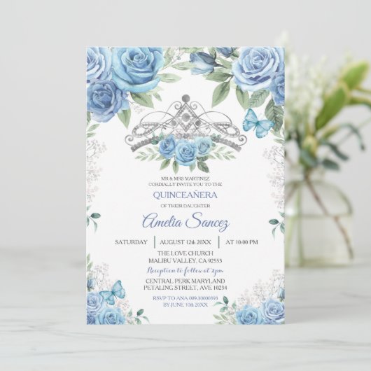 Dusty Blue Mexican Girl Mis XV Anos Einladung (Stehend Vorderseite)