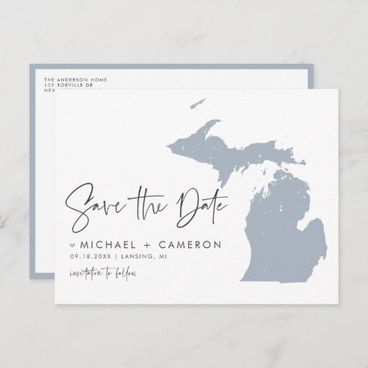 Dusty Blue Michigan Map QR-Code Save the Date Ankündigungspostkarte (Vorne/Hinten)
