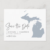 Dusty Blue Michigan Map QR-Code Save the Date Ankündigungspostkarte (Vorderseite)