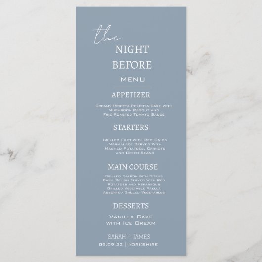 Dusty Blue Minimal Dinner The Night Before Menükarte (Vorderseite)