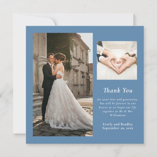 Dusty Blue Minimal Foto Hochzeit Danke-Card Einladung (Vorderseite)