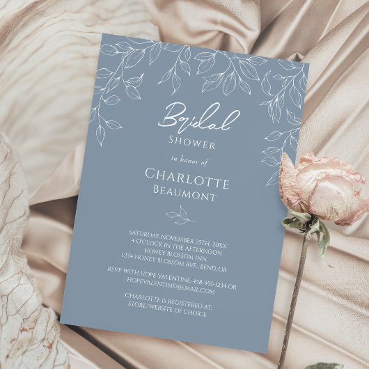 Dusty Blue Minimal Leaf Brautparty Einladung