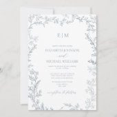 Dusty Blue Minimal Leaf Foto Monogram Wedding Einladung (Vorderseite)