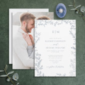 Dusty Blue Minimal Leaf Foto Monogram Wedding Einladung