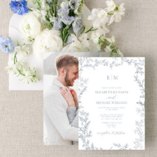 Dusty Blue Minimal Leaf Foto Monogram Wedding Einladung