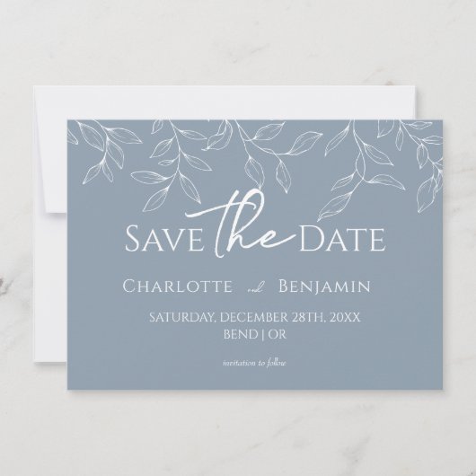 Dusty Blue Minimal Leaf Hochzeit speichern das Dat Save The Date (Vorderseite)