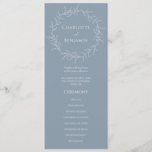 Dusty Blue Minimal Leaf Hochzeitsprogramm Programm (Vorderseite)