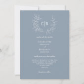 Dusty Blue Minimal Leaf Monogram Wedding Einladung (Vorderseite)