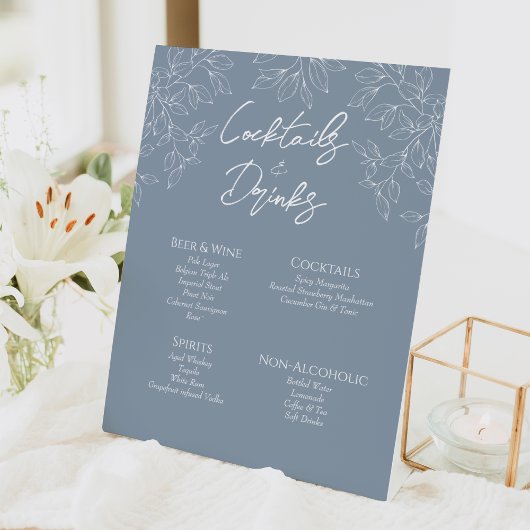 Dusty Blue Minimal Leaf Wedding Bar Drinks Zeichen Sockelschild