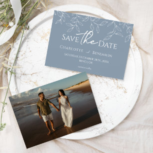Dusty Blue Minimal Leaf Wedding Foto Save The Date